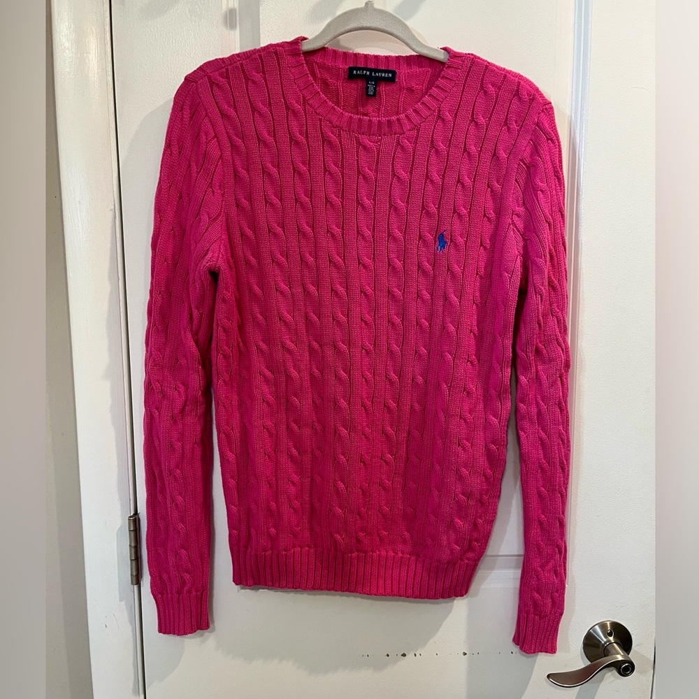 Ralph Lauren 100% Cotton Classic Cable Knit Sweater Crewneck Pink Sz LG